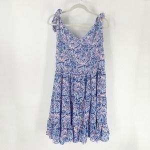 Simply Southern NWT Blue V-Neck Sleeveless Tiered Leaf Gather Dress Size XL